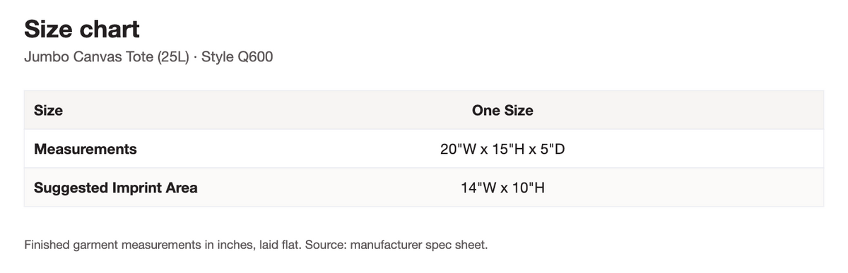 Size chart